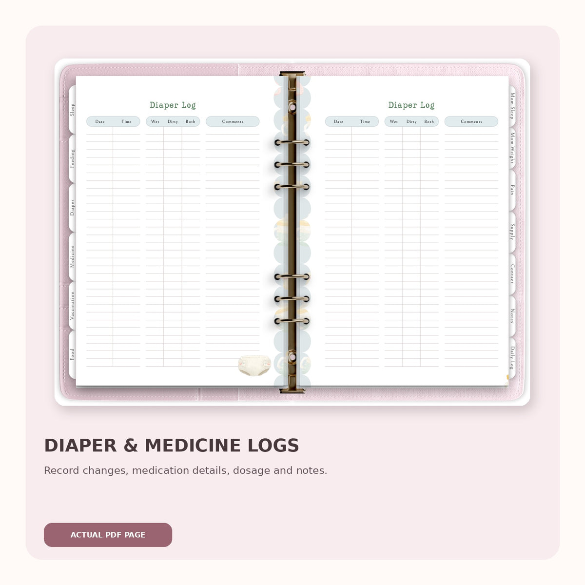 Actual diaper log page from the Newborn Planner