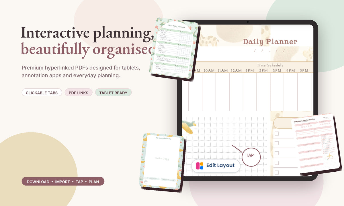 Premium interactive digital planners with clickable PDF links and tablet navigation