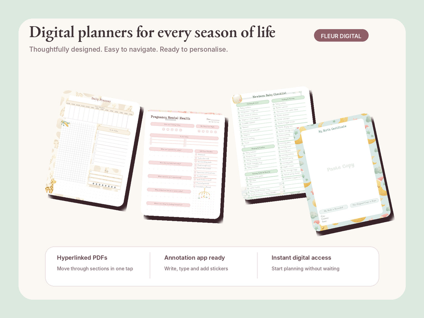 Digital planner collection with hyperlinked PDFs annotation app compatibility and instant access