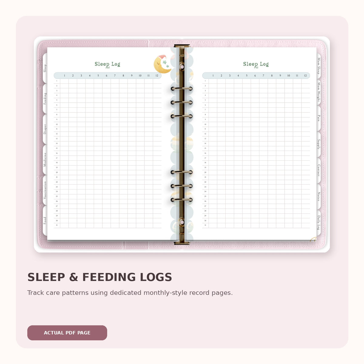 Actual sleep log page from the Newborn Planner