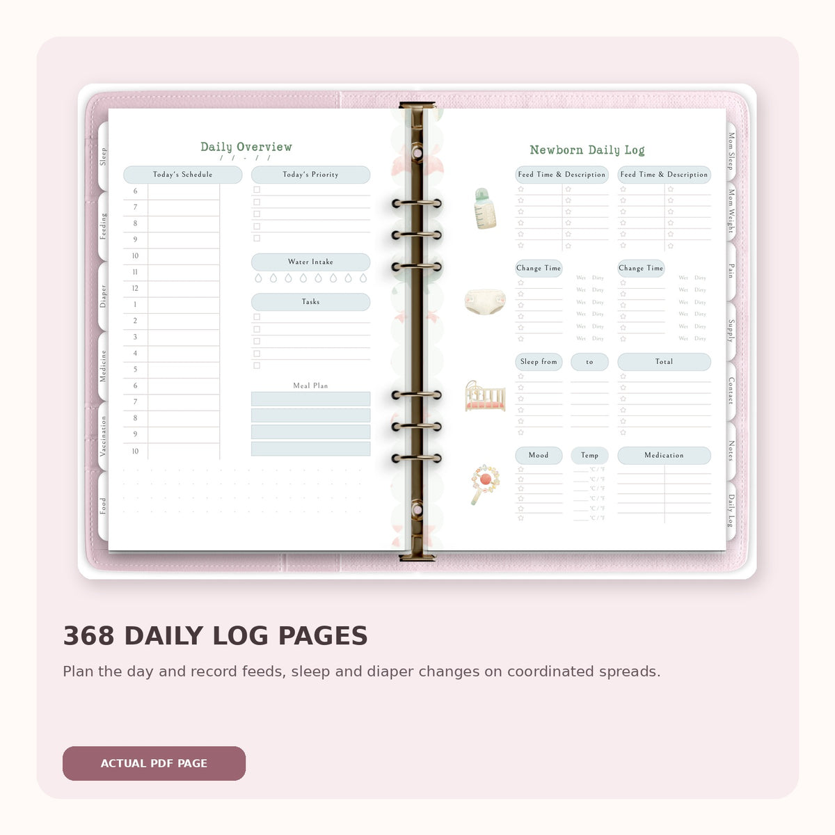Actual daily overview and newborn daily log pages