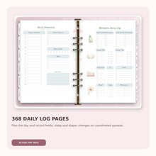 Actual Newborn Planner daily overview and newborn daily log page from the PDF