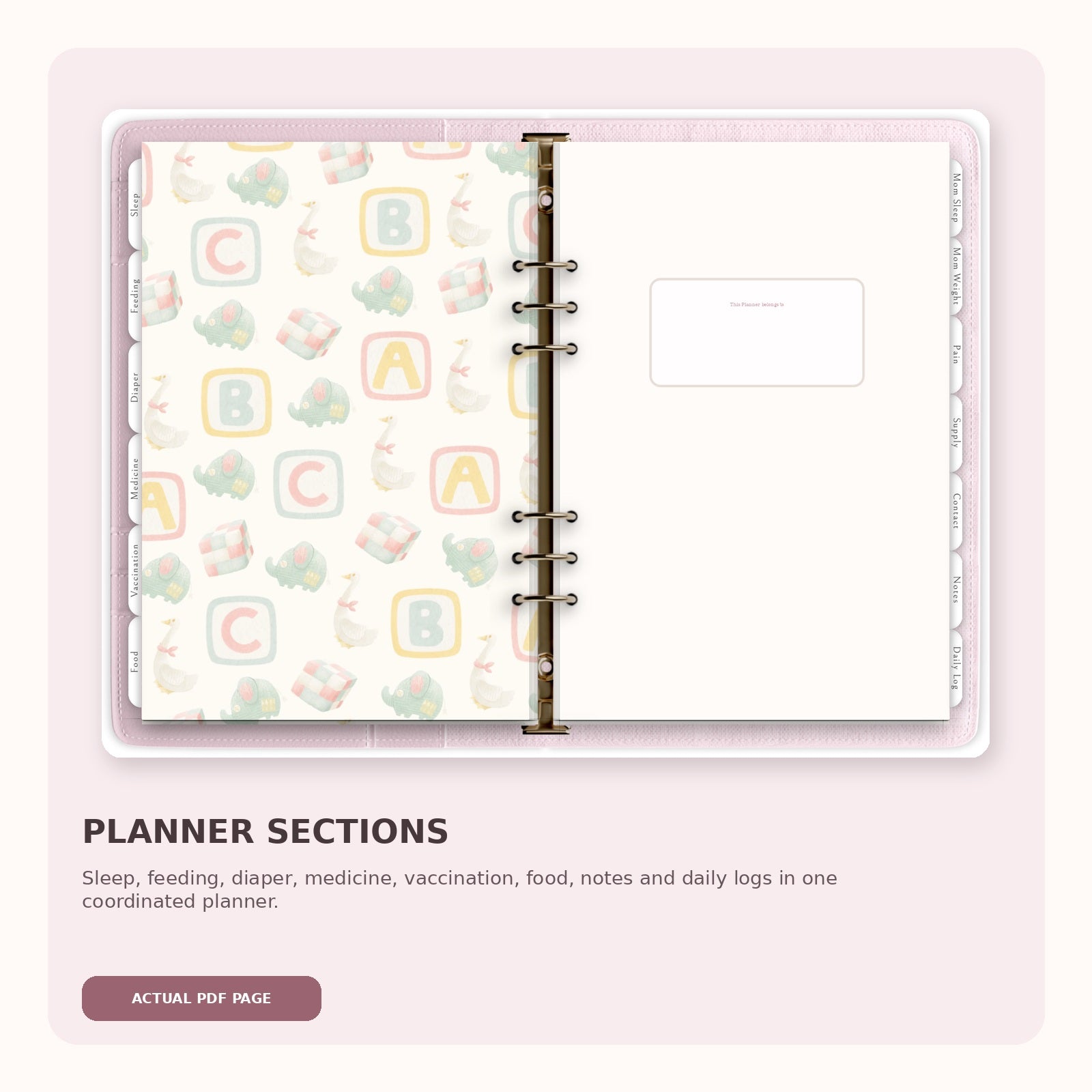Actual Newborn Planner PDF page showing its clearly labelled care sections