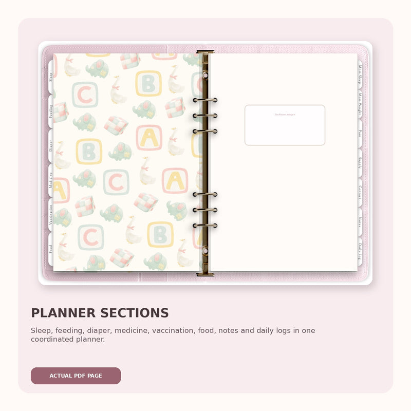 Actual Newborn Planner PDF page showing planner section tabs