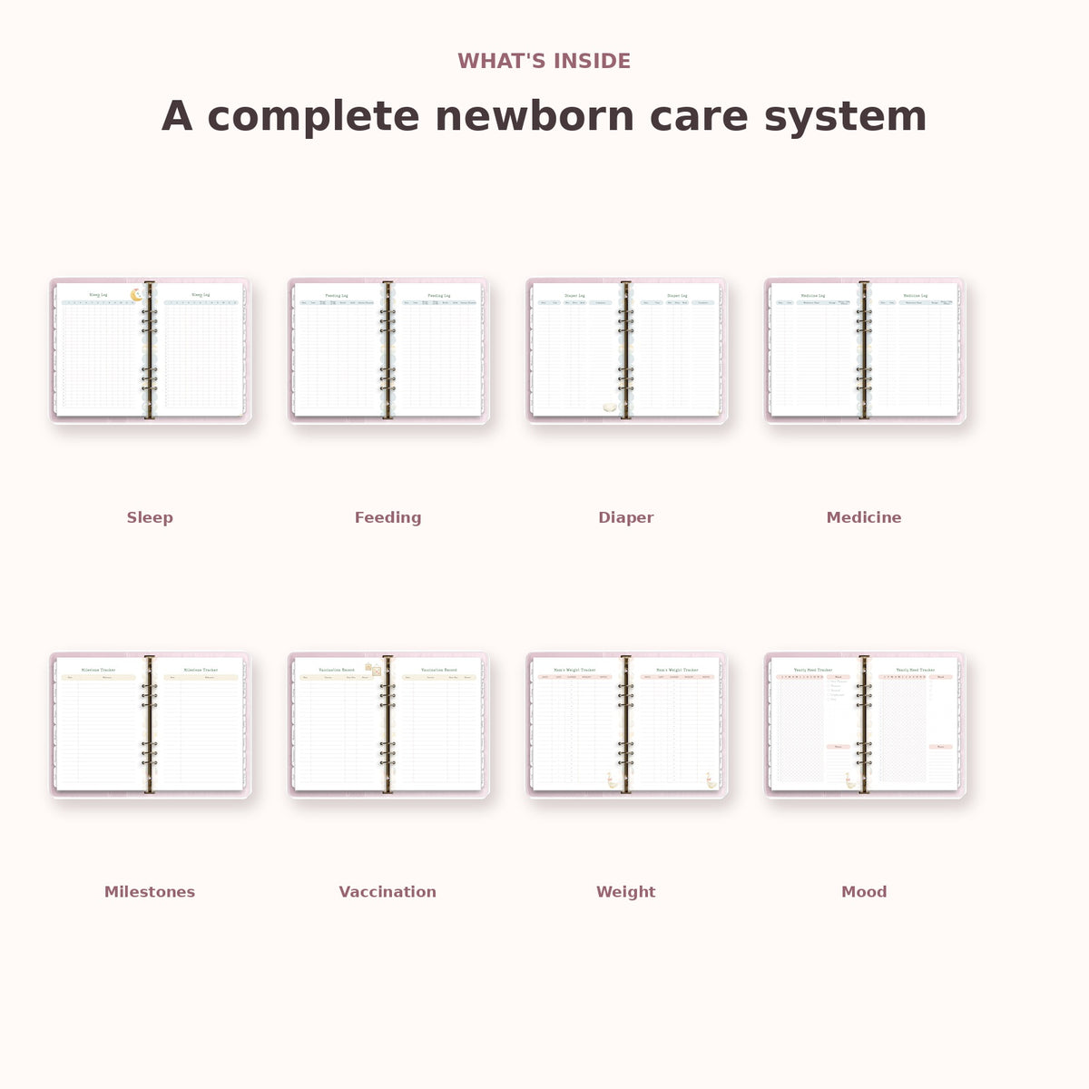 Actual vaccination and first foods pages from the Newborn Planner