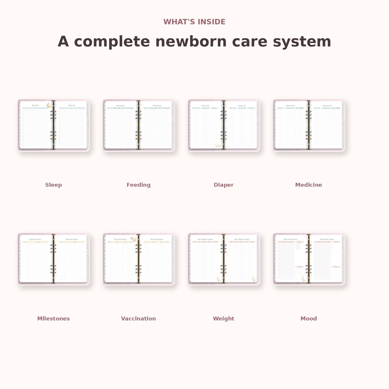 Overview of actual Newborn Planner PDF pages