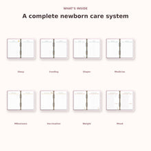 Overview of actual Newborn Planner PDF pages including sleep feeding diaper medicine milestones vaccination weight and mood