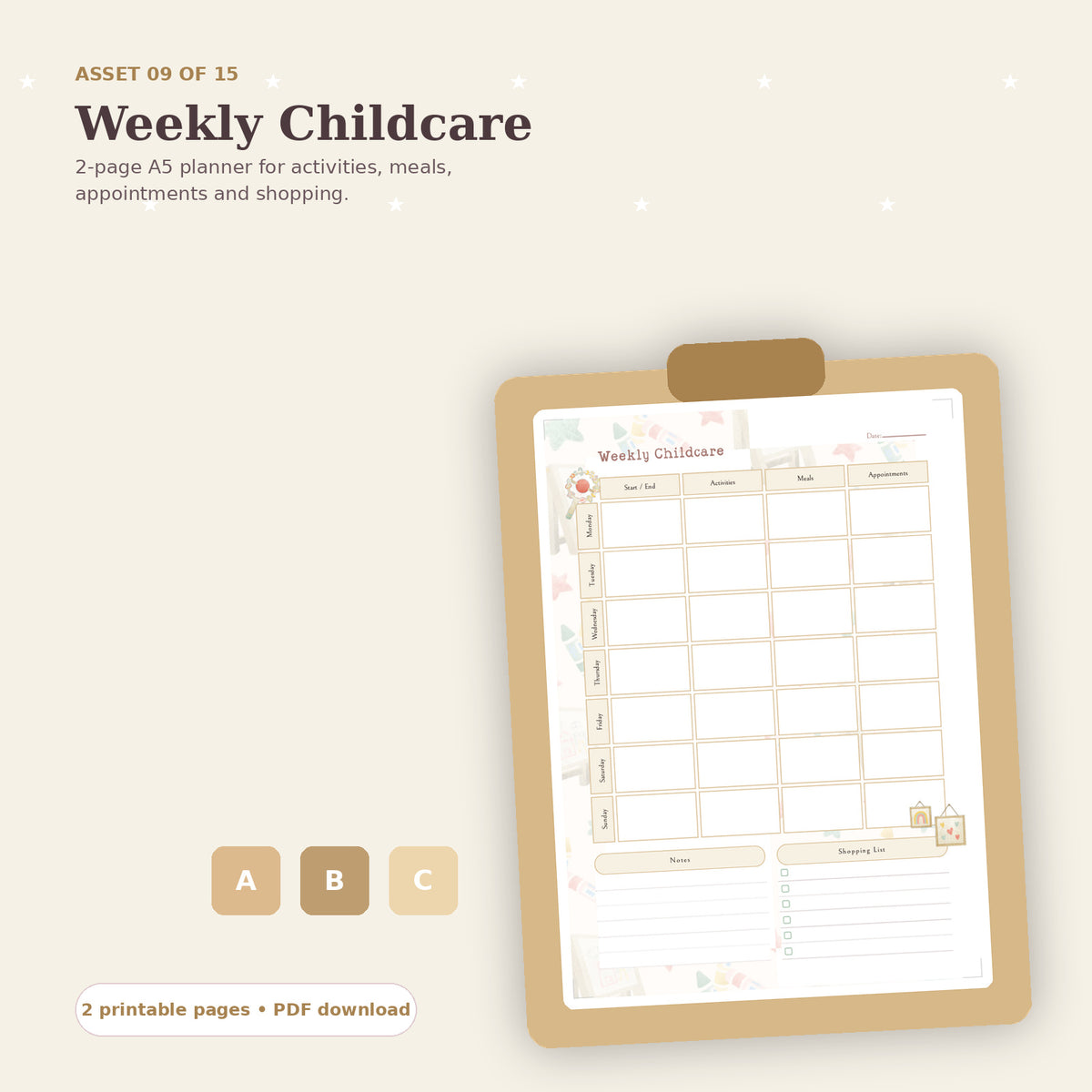 Weekly Childcare Planner mockup