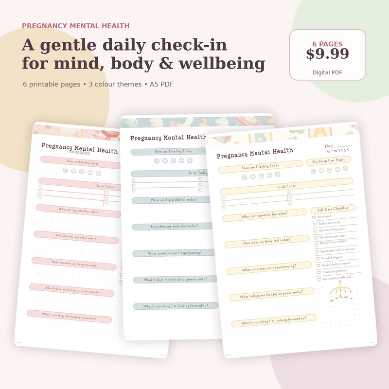 Pregnancy Mental Health daily reflection planner with six pages in three calming colour themes