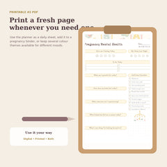 Printable A5 pregnancy reflection planner shown on a clipboard